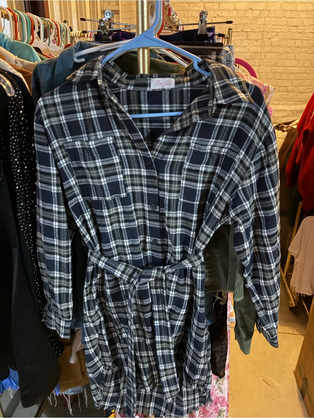 Pink Lily Navy and White Plaid Button-Down Shirt Dress